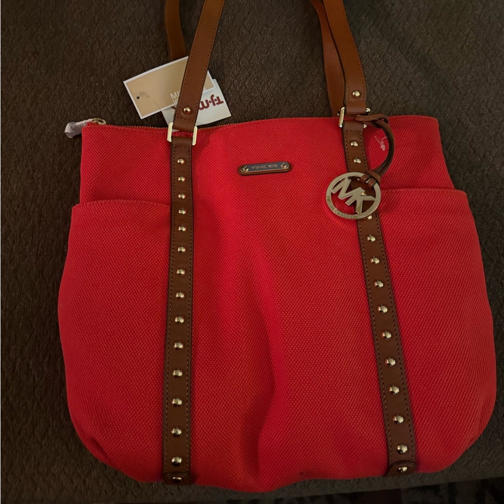Michael Kors Orange and Brown Tote with Metal Studs